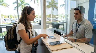 Close-up of a person holding a credit card at a Miami car hire counter