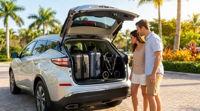Two large suitcases and a pram neatly packed into the open trunk of an SUV car hire in Orlando