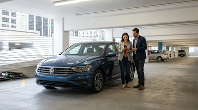 Driver using a smartphone inside a car rental parked on a New York City street