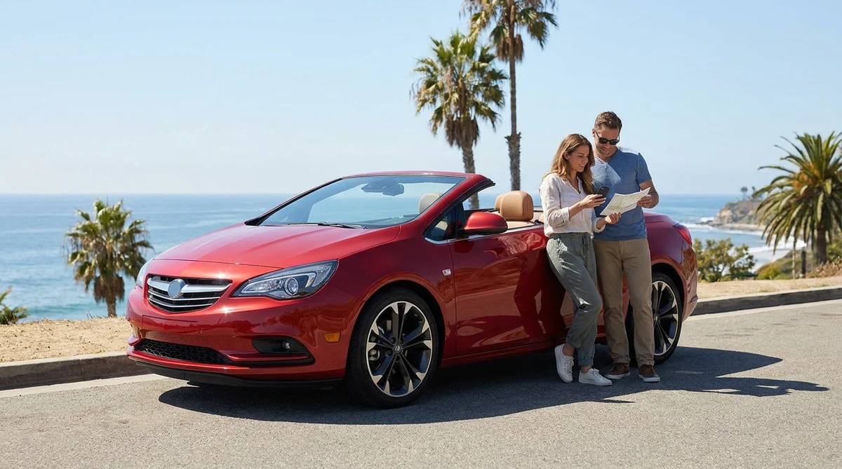 Couple driving a car rental along a sunny coastal highway next to the ocean in California