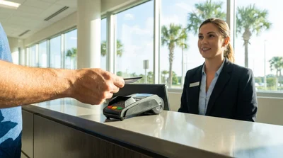 Customer handing a credit card to an agent at an Orlando car rental desk with keys on the counter