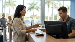 Customer handing a credit card to an agent at a Florida car hire counter