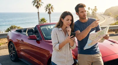 White car rental driving along a sunny coastal highway overlooking the ocean in California