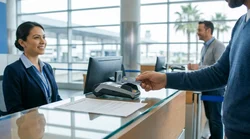 Customer handing a credit card to an agent at a car hire counter in the United Estates
