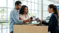 Traveler handing a passport to an agent at a car rental counter in Florida