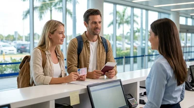 Person presenting a driving licence at a car rental counter in sunny Florida