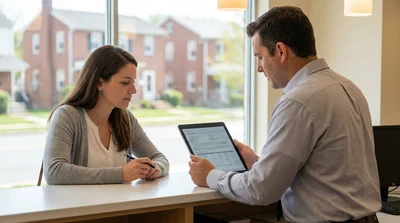 Customer reading a printed car rental contract at a desk in Pennsylvania