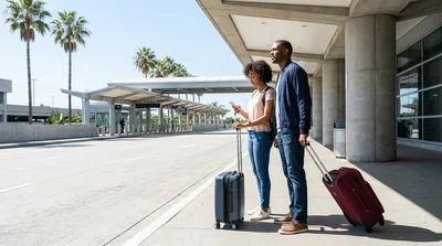 Travelers with luggage waiting for a car rental shuttle outside a Los Angeles airport terminal