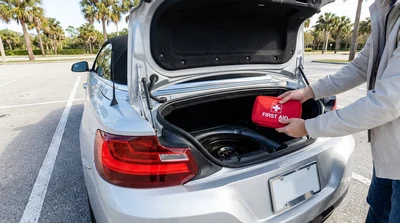 Red warning triangle and first-aid kit in the trunk of a car rental parked on a sunny Florida street