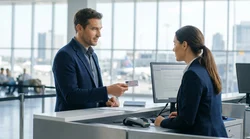 Close-up of a traveler handing an ID card to a car rental agent at a counter in New York