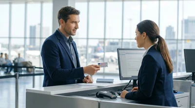 Close-up of a traveler handing an ID card to a car rental agent at a counter in New York