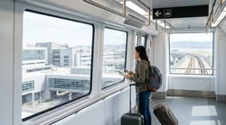 BART train at a San Francisco airport platform with signs for the car rental center