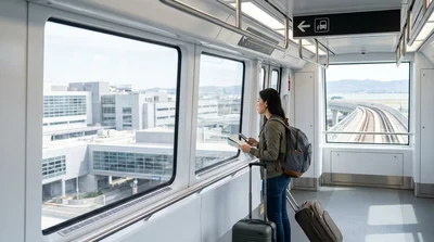 BART train at a San Francisco airport platform with signs for the car rental center