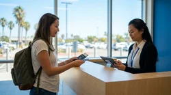 A traveler handing identification to a clerk at a car rental counter in California