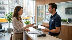 Person handing a credit card to an agent at a New York car rental desk