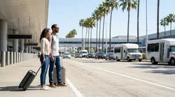 A car hire shuttle bus picking up passengers with luggage outside the LAX airport terminal in Los Angeles