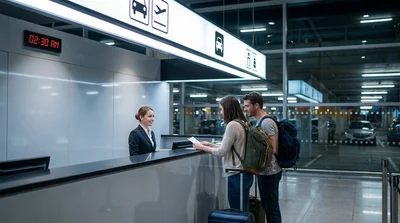 Brightly lit car hire counters with staff assisting travelers inside the Orlando airport terminal