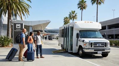 Hola car hire shuttle bus picking up passengers with luggage outside the Terminal 6 arrivals area in Los Angeles