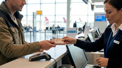Customer presenting a UK paper driving licence at a car rental desk in New York