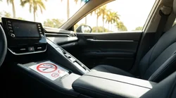 A person opening the door of a white car hire parked under sunny palm trees in Florida