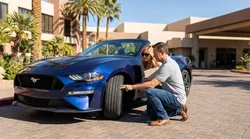 Driver inspecting the windscreen and front tyre of a car hire parked on the Las Vegas Strip