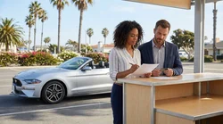 Customer handing a credit card to a desk agent at a car rental counter in California
