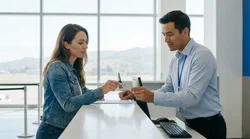 Person handing a driving licence to an agent at a car rental counter in San Francisco