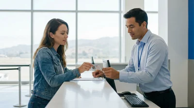 Person handing a driving licence to an agent at a car rental counter in San Francisco