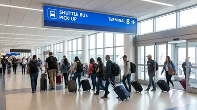 Traveler with luggage boarding a car rental shuttle bus outside an airport terminal in New York