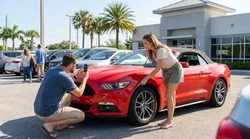 Person using a smartphone to photograph a vehicle exterior at a car rental lot in Florida