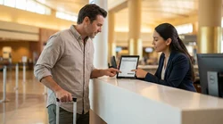 A person receiving keys at a Las Vegas airport car rental desk with a suitcase nearby