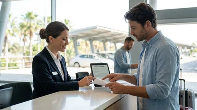 A smiling customer taking keys from a staff member at a car rental desk in a bright Miami airport terminal