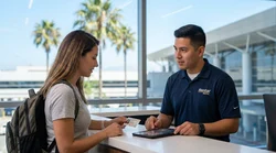 Person handing a driver's license to an agent at a Los Angeles car rental desk