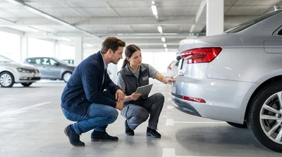 Person inspecting the exterior of a vehicle at a Pennsylvania car rental lot
