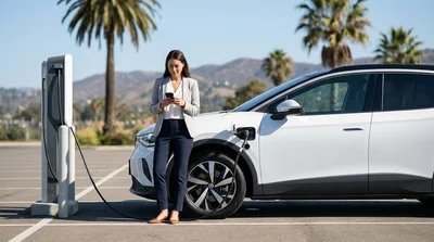 Driver plugging a charging cable into an electric car rental at a station in California