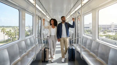 White MIA Mover train traveling along elevated tracks to the Miami Airport car rental center
