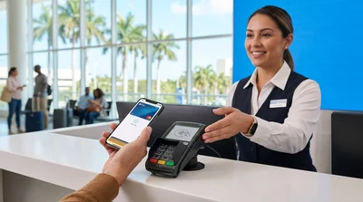 Person tapping a smartphone on a payment terminal at a Florida car rental counter