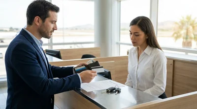 Close-up of a customer handing a credit card to a car rental agent at a service counter in Texas