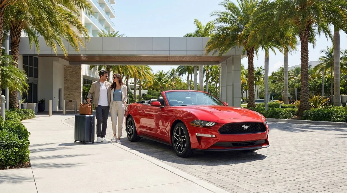 Red convertible car rental driving along a sunny palm-lined coastal road in Miami