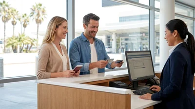Two friends showing driver's licenses to an agent at a California car rental counter
