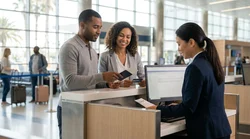 Customer receiving keys for a car hire at a service desk in California