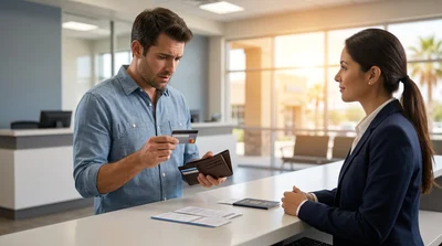 A traveler with luggage checking their wallet at a car rental counter in Texas