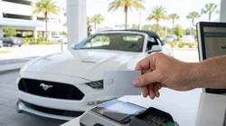 Customer presenting a credit card to an agent at an Orlando car hire desk
