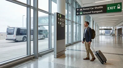 Travelers with luggage exiting Newark Terminal C heading toward the New York car rental center