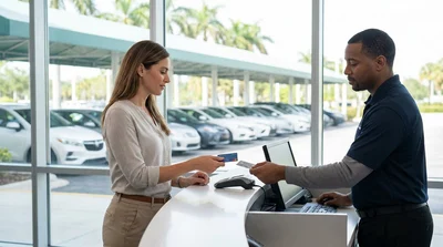 Close-up of hands placing two credit cards on a Florida car hire counter