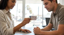 Person handing a cracked UK driving licence to an agent at a car rental desk in California