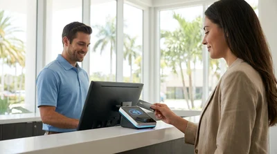Customer tapping a contactless credit card on a payment terminal at a Miami car hire desk