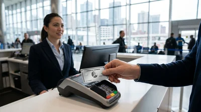 Customer paying with an American Express credit card at a car hire counter in New York