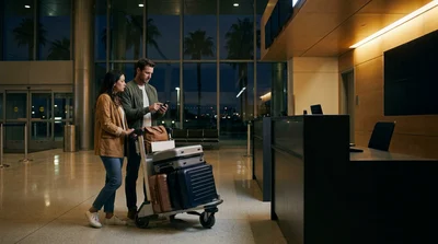 Empty car rental counter with closed signs inside a Los Angeles airport terminal