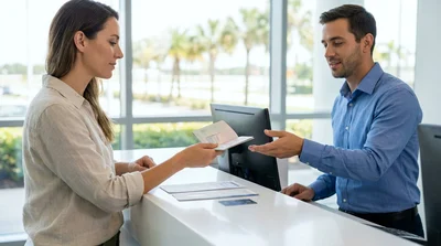 Man handing his open passport to an agent at a car rental desk in Orlando